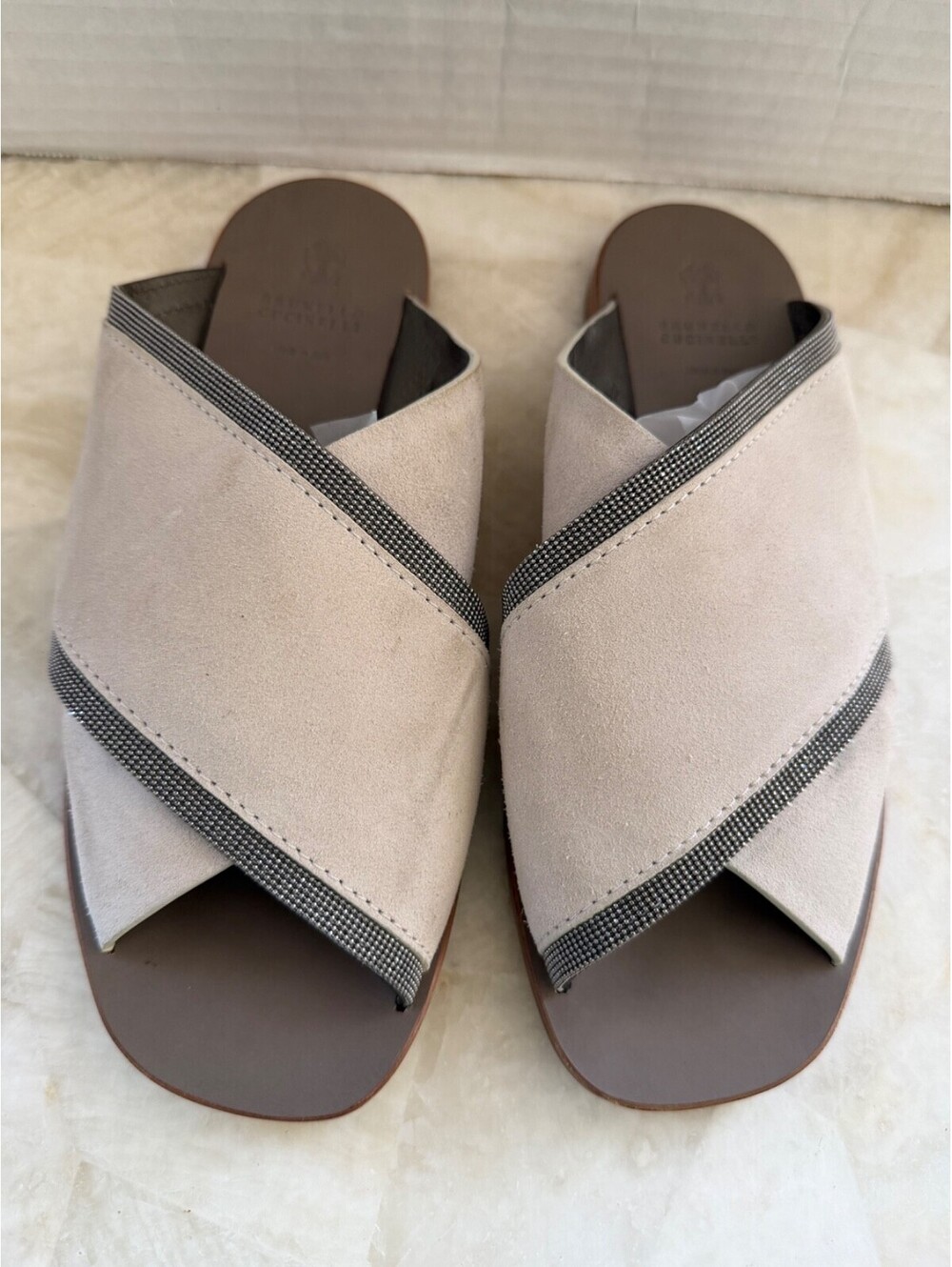 Brunello Cucinelli Suede Monili Beaded Crisscross Slide Sandals Beige Taupe 38.5 - Picture 3 of 14